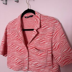 Zara Coral Pink & White Zebra Print Short Sleeve Button-Up